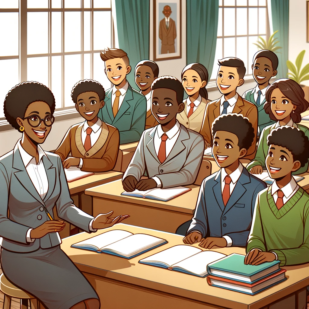 DALL·E 2024-07-05 14.30.01 - A joyful classroom scene with adult students being taught by an adult teacher, set in an African country. The students are African-American,